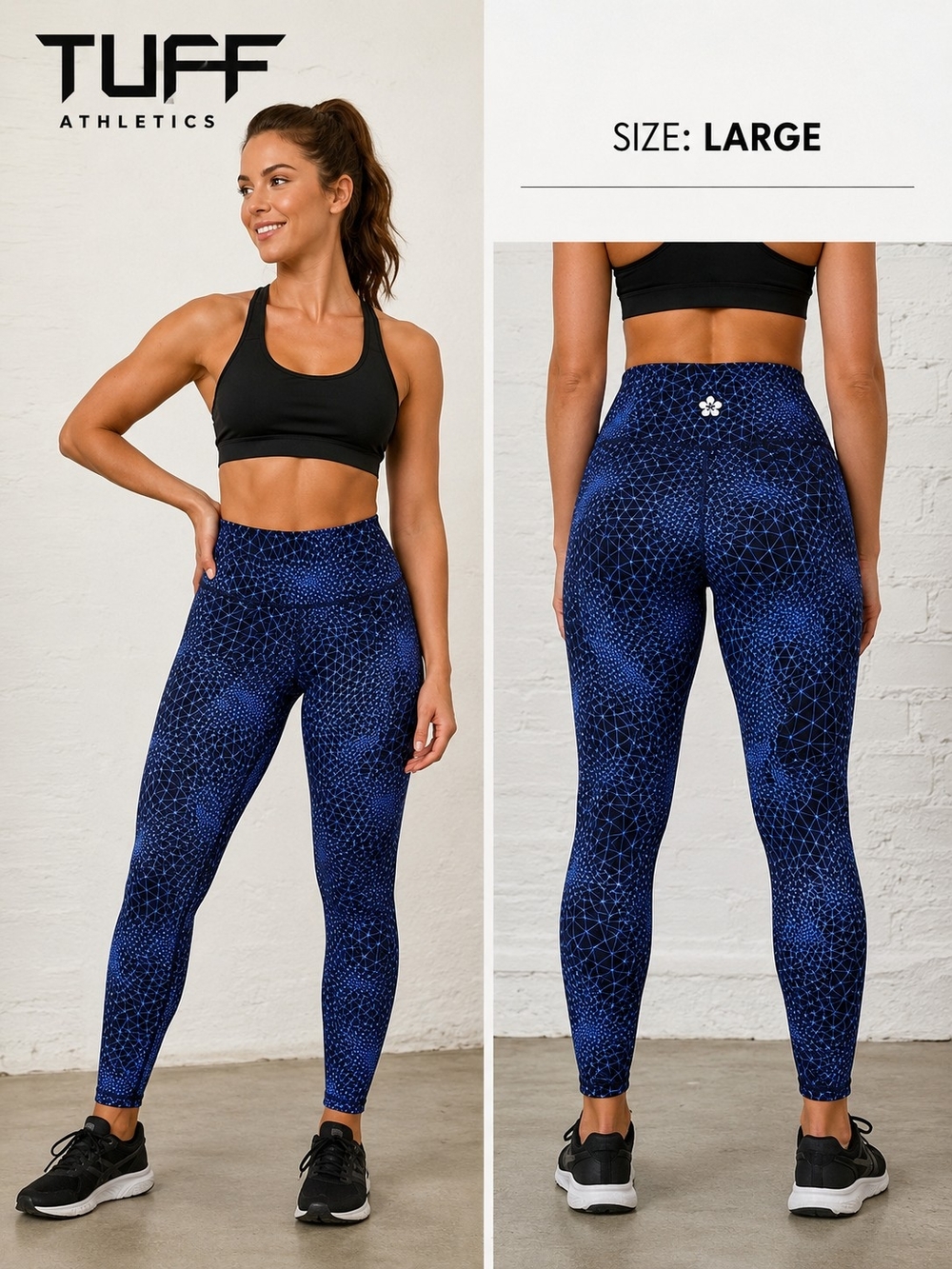 Tuff Athletics Leggings Blue Black Geometric Print High Rise Yoga Size Large
